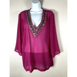 Michael Kors Women's V-Neck Sheer Pink Tunic Top Size L